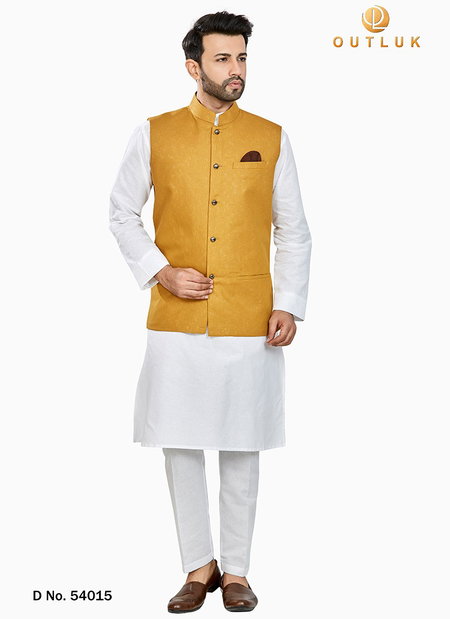 Mustard Colour Outluk Vol 54 Festive Wear Linen Blend Digital Print Kurta Pajama With Jacket Mens Collection 54015